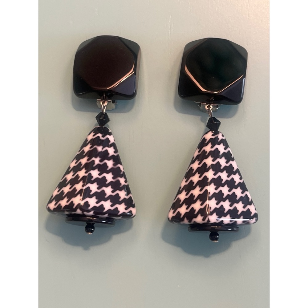 Angela Caputi Vintage Dangle Resin Houndstooth Clip Earrings
